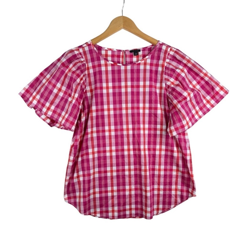 Ann Taylor Womens Gingham Flutter Sleeve Blouse Size Large Pink